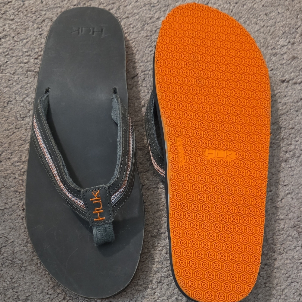 Huk Men's Charcoal Flip Flops with Orange Soles